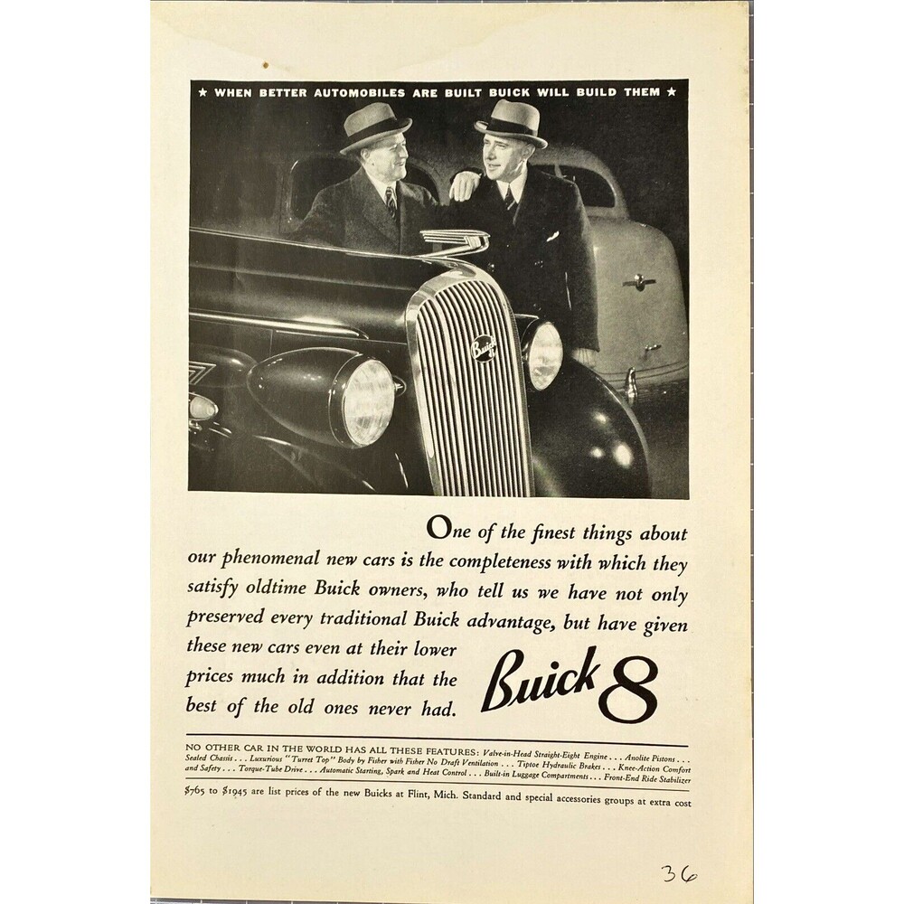 Buick 8 "Satisfies Oldtime Buick Owners But at a Lower Price" Vtg Print Ad 1936